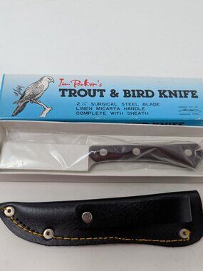 Jim Parker's Trout and Bird Knife with leather sheath in box (NOS) Vintage